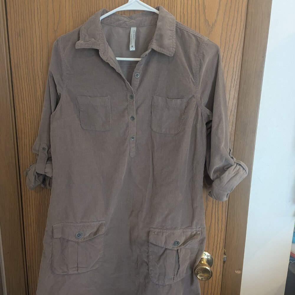 VTG Old Navy Corduroy Khaki Casual Shirt Dress 1/2 Button Roll Up Sleeves M